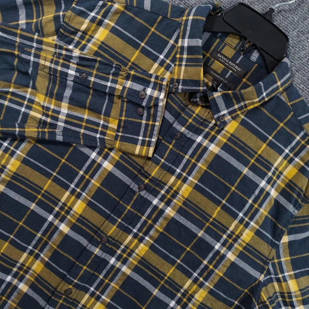 Banana Republic Shirt Men XLT Tall Blue Yellow Plaid Flannel Slim Fit Untucked